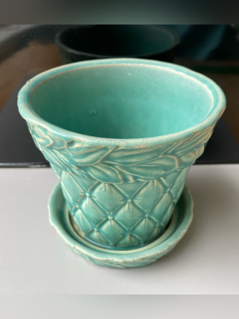 McCoy "Tierra Cushion” Planter w/ Saucer. MCM / Vintage. Turquoise